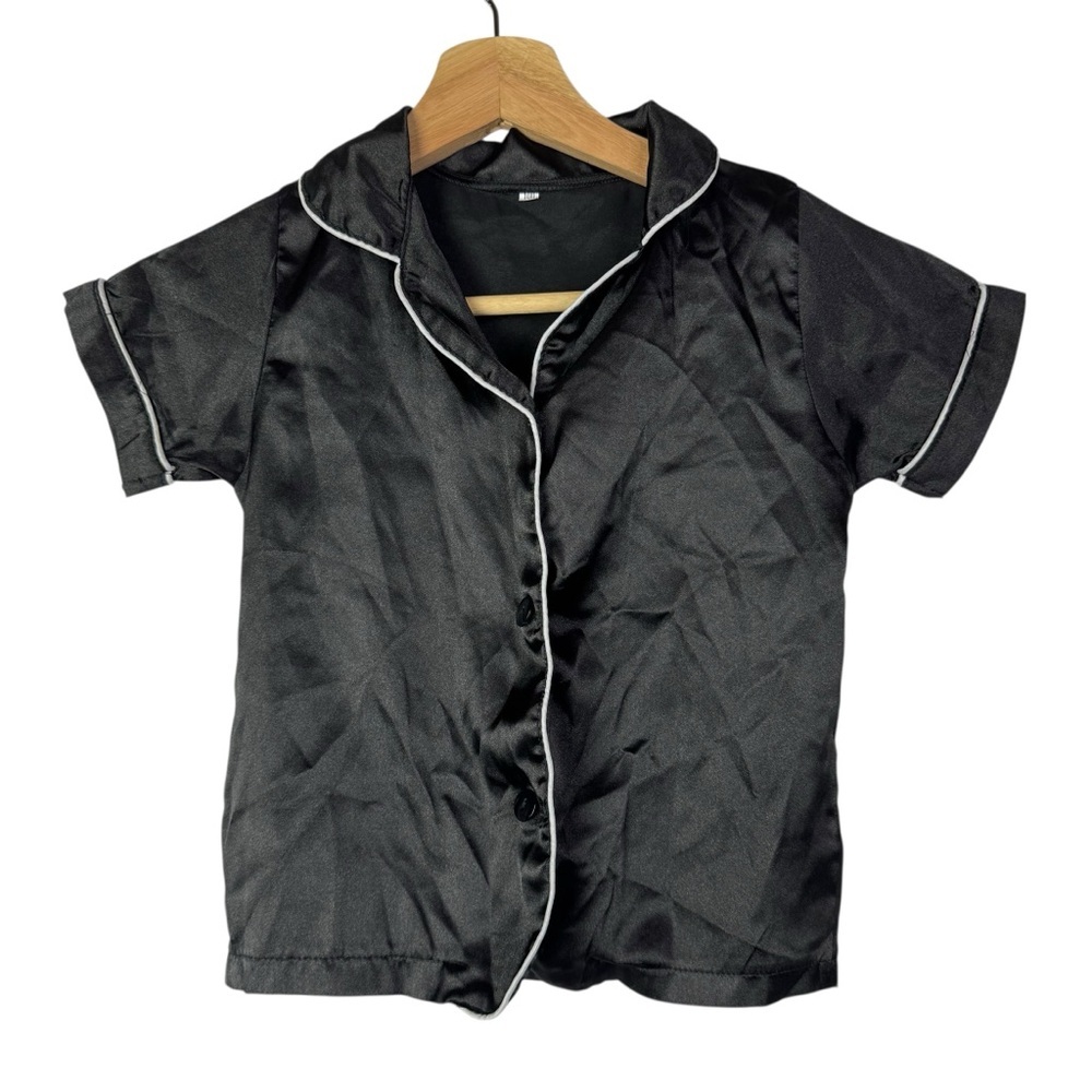 Boutique Black Satin Short Sleeve‎ Button Down Pajama Top 3T